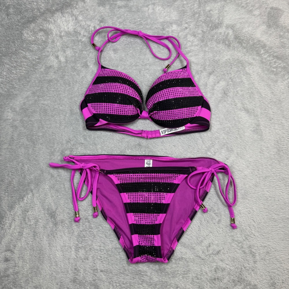 PINK Victoria Secret Bikini Set Womens S M Pink Striped Rhinestone Y2K